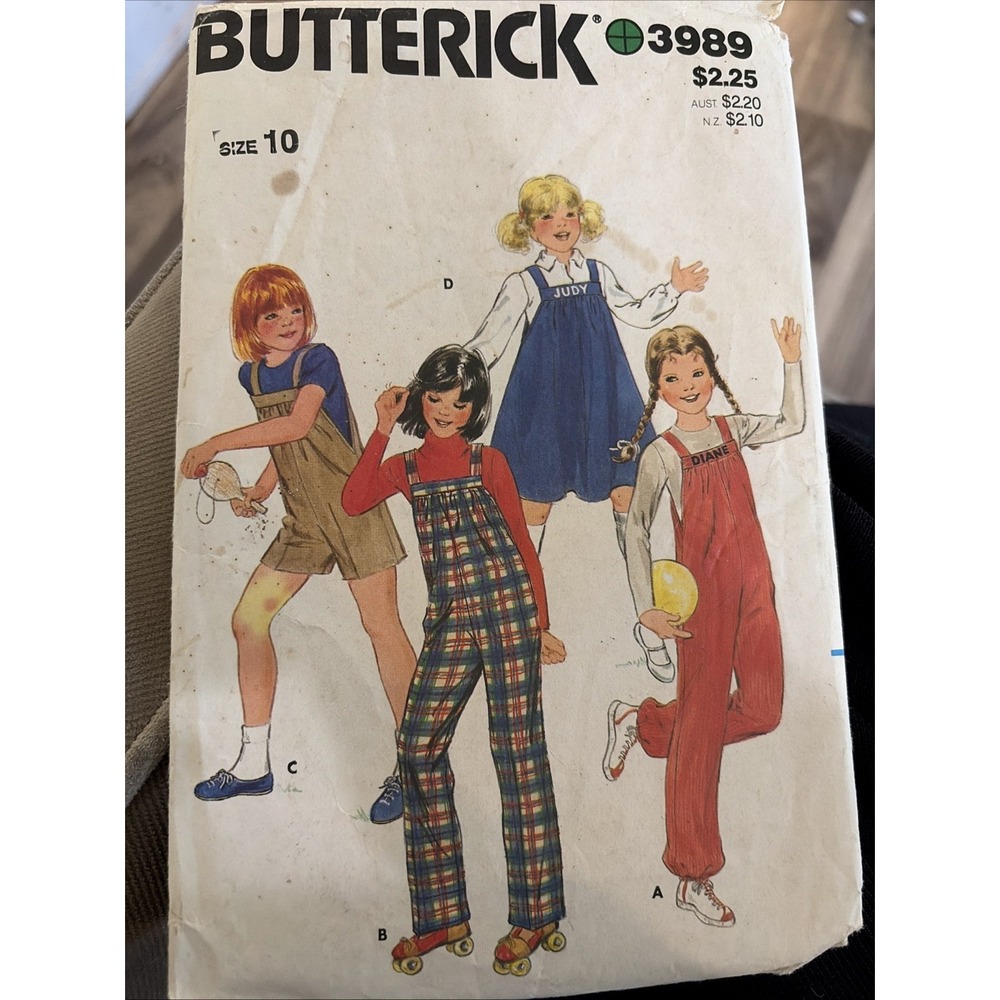 Vintage Butterick Pattern 3989 Girls Overalls Jumper Shortalls Size 10 Cut Compl